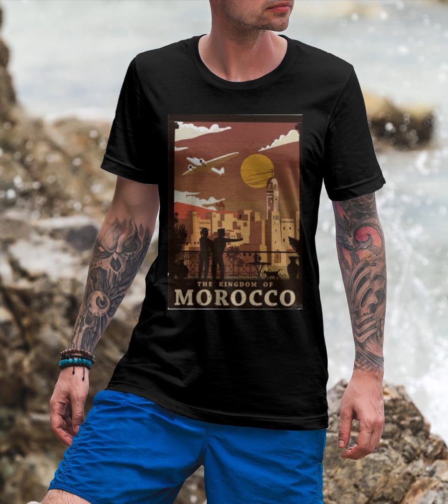 The Kingdom Of Morocco Skyline View With Airplane And Sunset Scene T-Shirt
