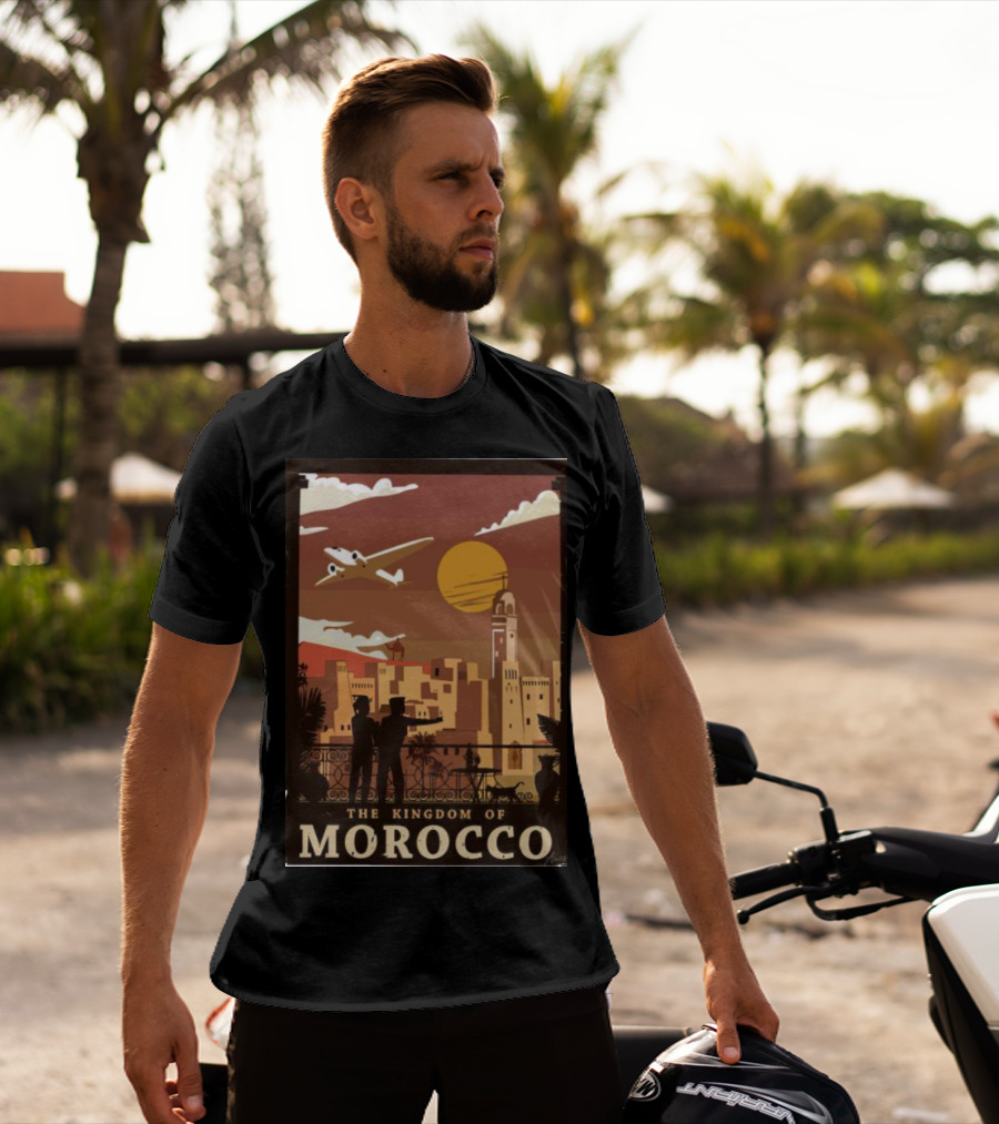 The Kingdom Of Morocco Skyline View With Airplane And Sunset Scene T-Shirt