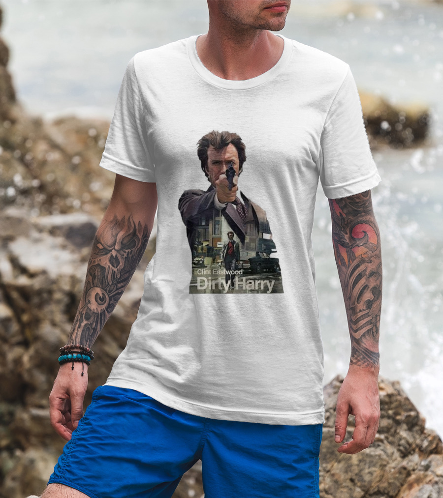 Clint Eastwood Dirty Harry Iconic Movie Scene With Gun And Urban Background T-Shirt