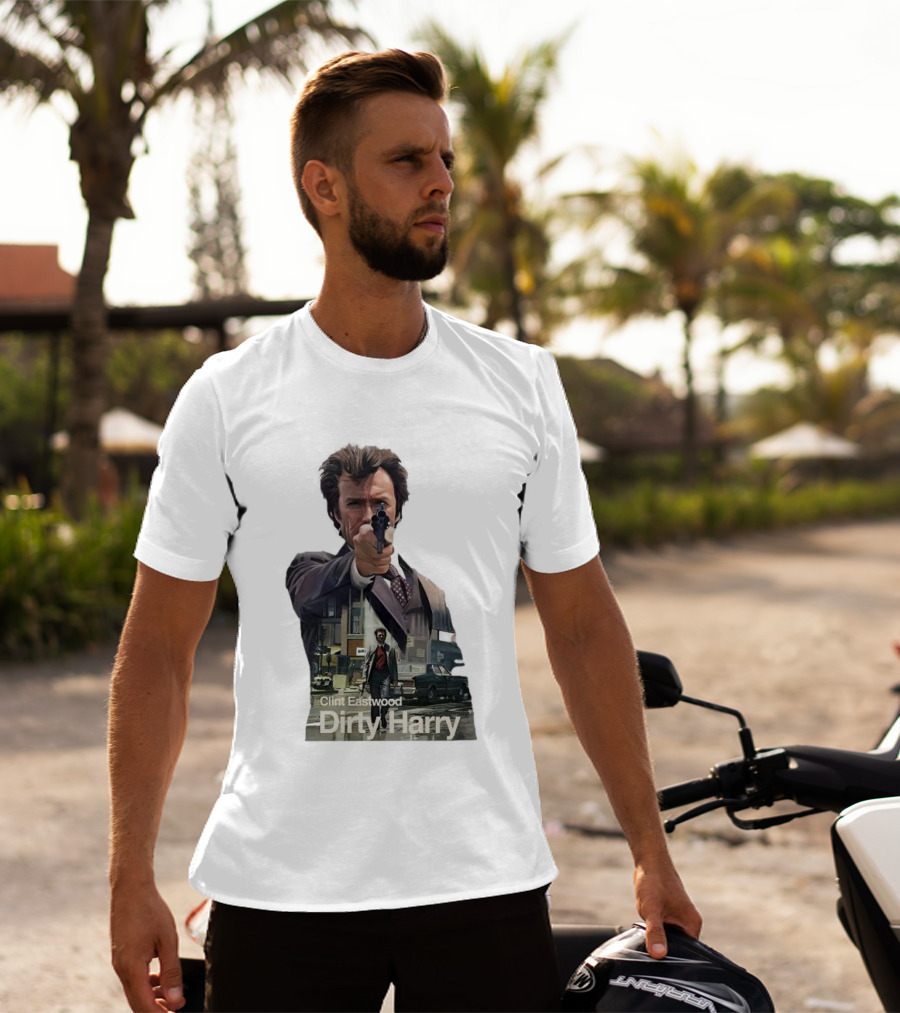 Clint Eastwood Dirty Harry Iconic Movie Scene With Gun And Urban Background T-Shirt