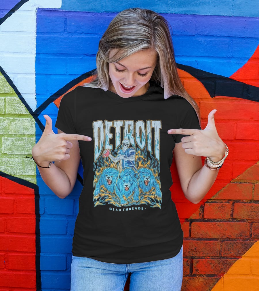 Detroit Dead Threads Football Skeleton And Blue Lions T-Shirt