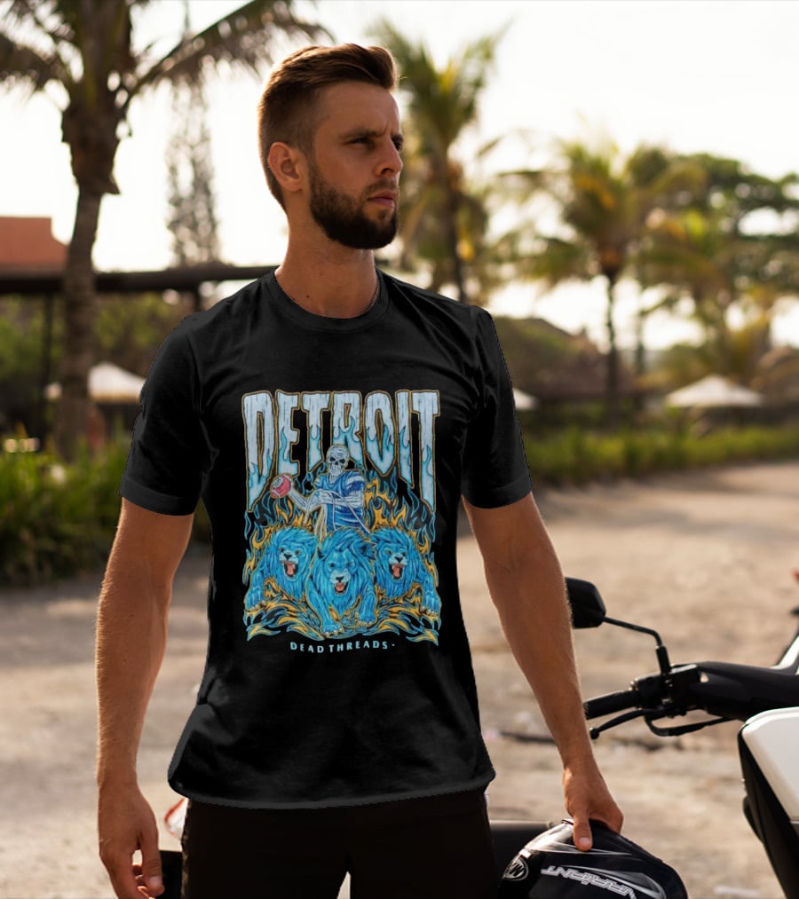 Detroit Dead Threads Football Skeleton And Blue Lions T-Shirt