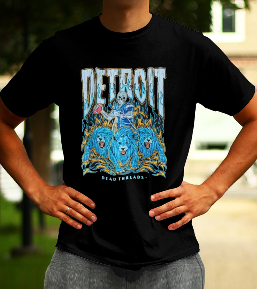 Detroit Dead Threads Football Skeleton And Blue Lions T-Shirt