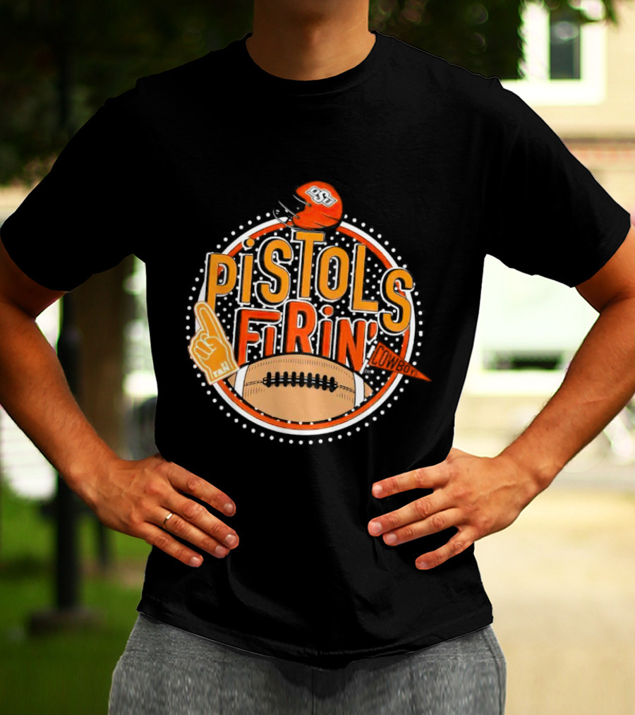 Pistols Firing OSU Cowboys Football Helmet And Foam Finger T-Shirt