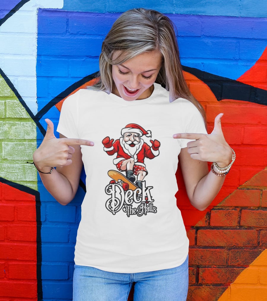 Skateboarding Santa Claus Deck The Halls Christmas Holiday Fun T-Shirt