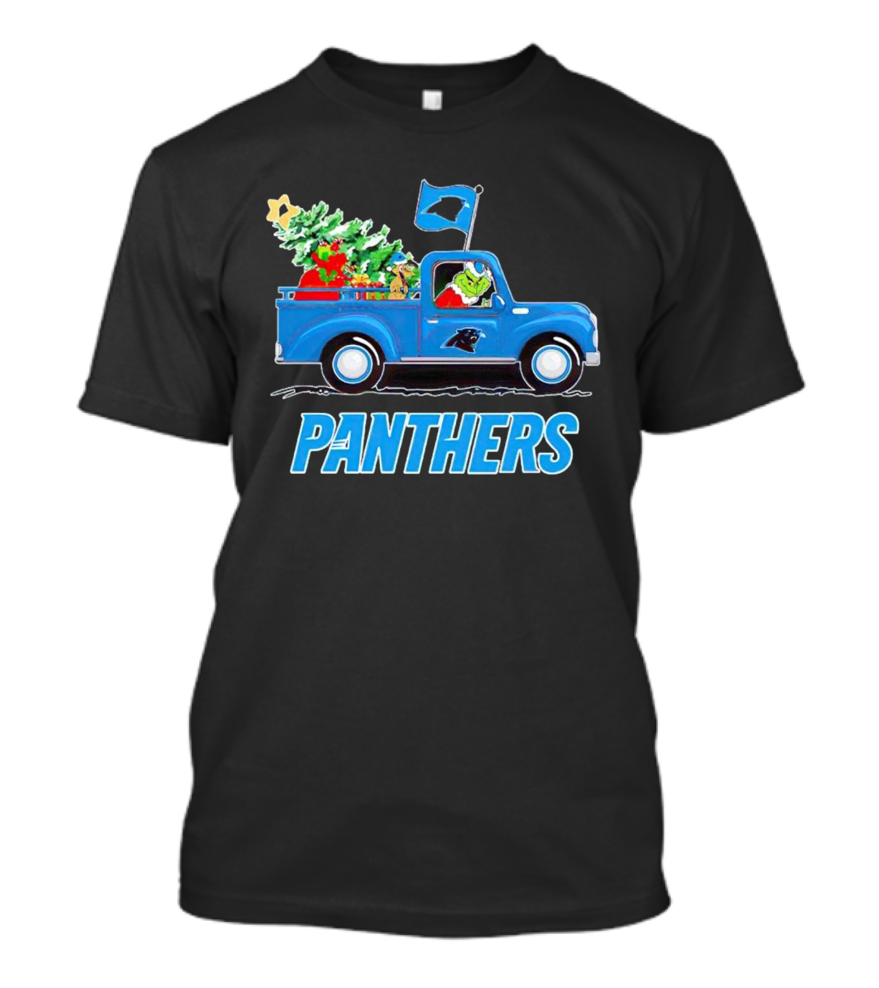 Grinch In Blue Christmas Truck With Carolina Panthers Logo And Tree T-Shirt