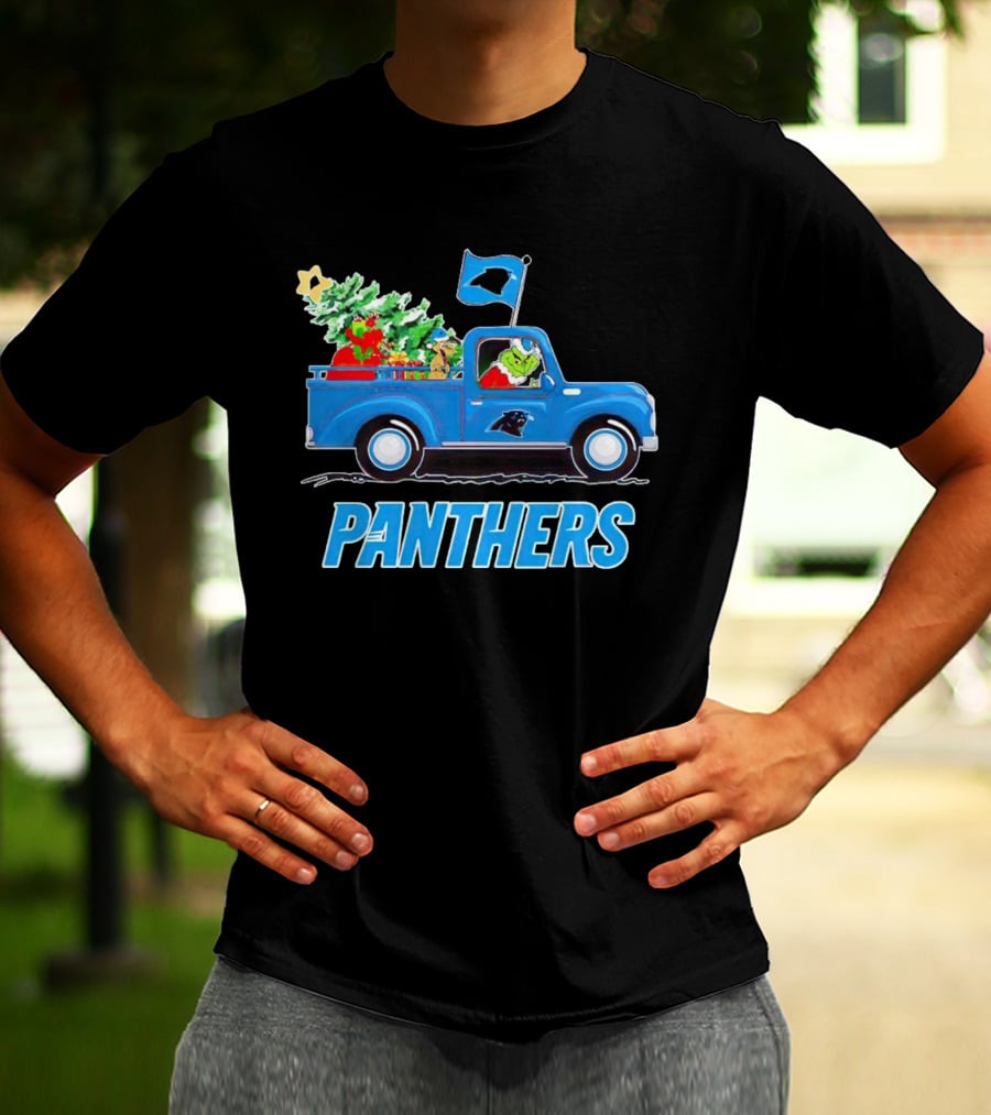 Grinch In Blue Christmas Truck With Carolina Panthers Logo And Tree T-Shirt