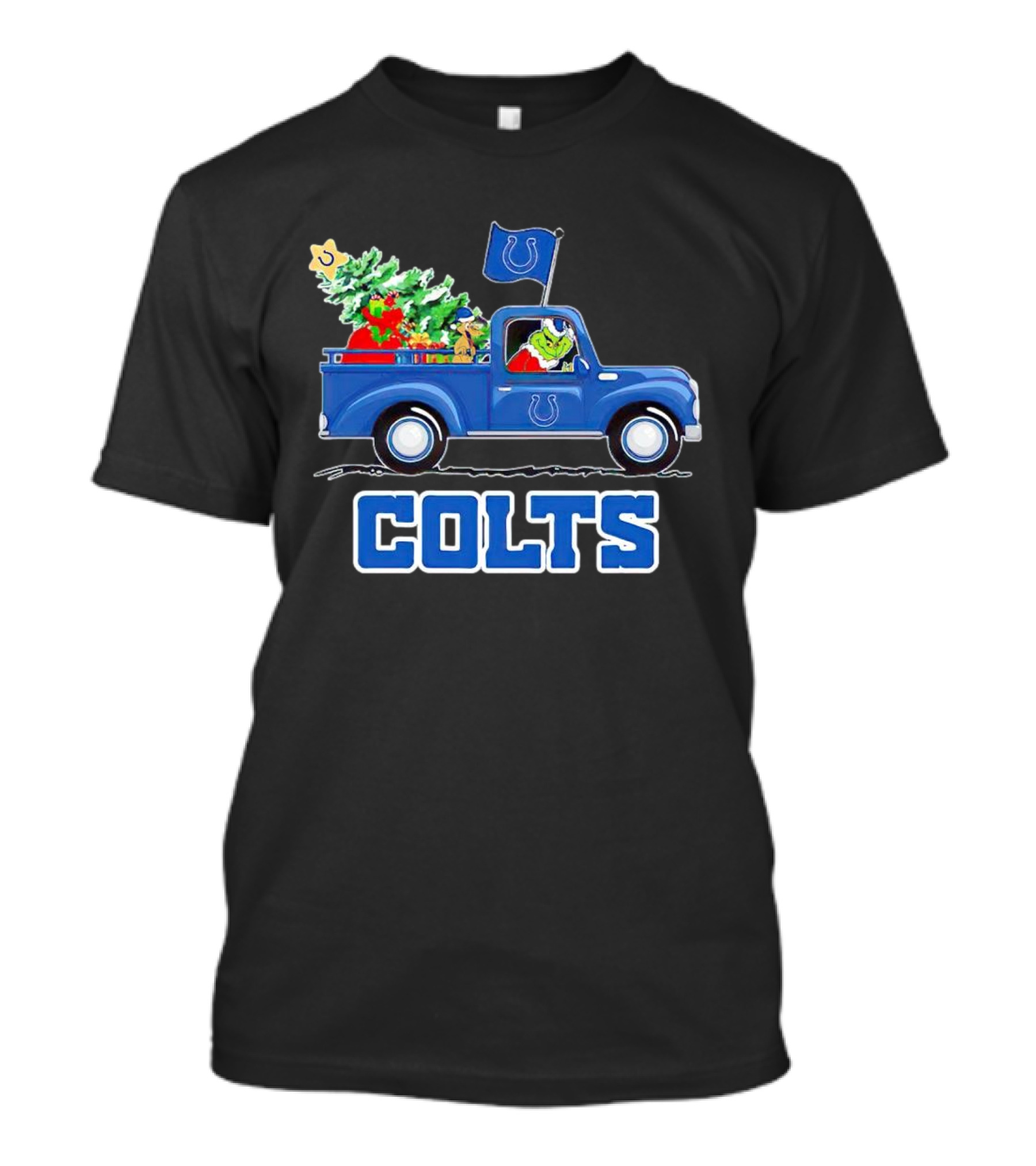 Grinch Driving Christmas Truck With Indianapolis Colts Logo And Tree T-Shirt