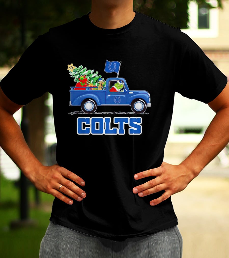 Grinch Driving Christmas Truck With Indianapolis Colts Logo And Tree T-Shirt
