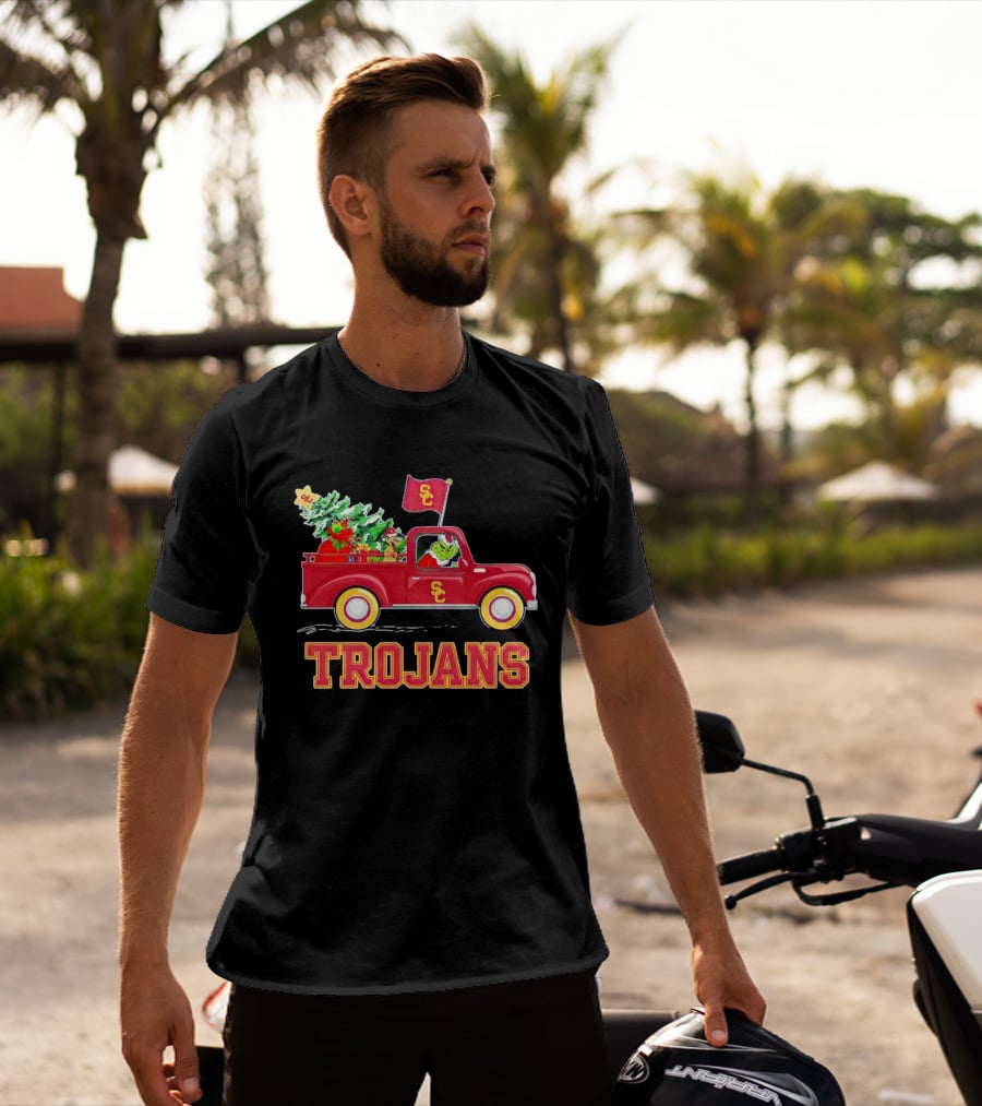 Grinch Driving Red Truck With Christmas Tree USC Trojans T-Shirt