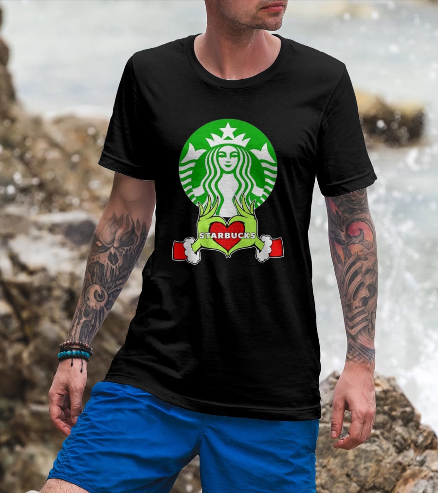 Grinch Hands Holding Heart Starbucks Christmas T-Shirt