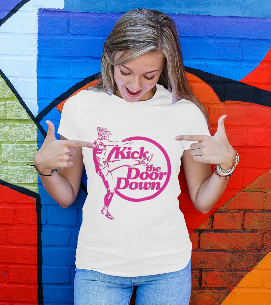 Kick The Door Down Pink Circle Footballer Kicker T-Shirt