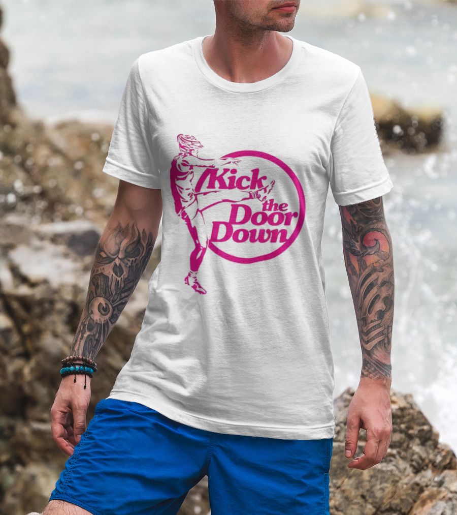 Kick The Door Down Pink Circle Footballer Kicker T-Shirt