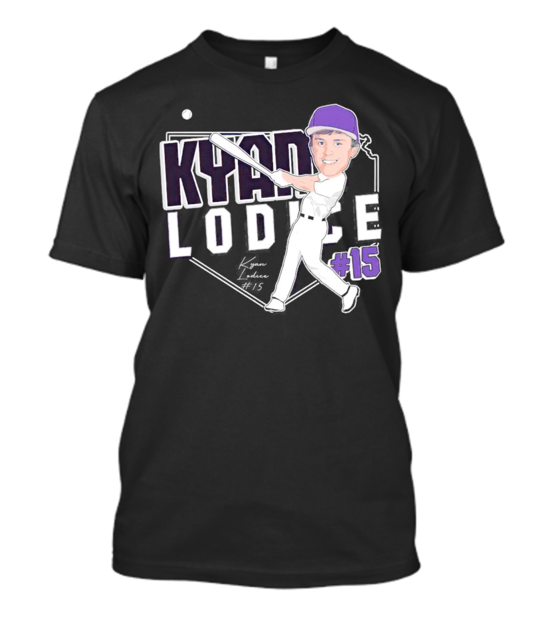 Kyan Lodice Caricature Signature Baseball #15 Purple Cap T-Shirt