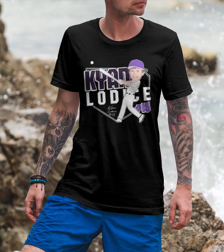 Kyan Lodice Caricature Signature Baseball #15 Purple Cap T-Shirt