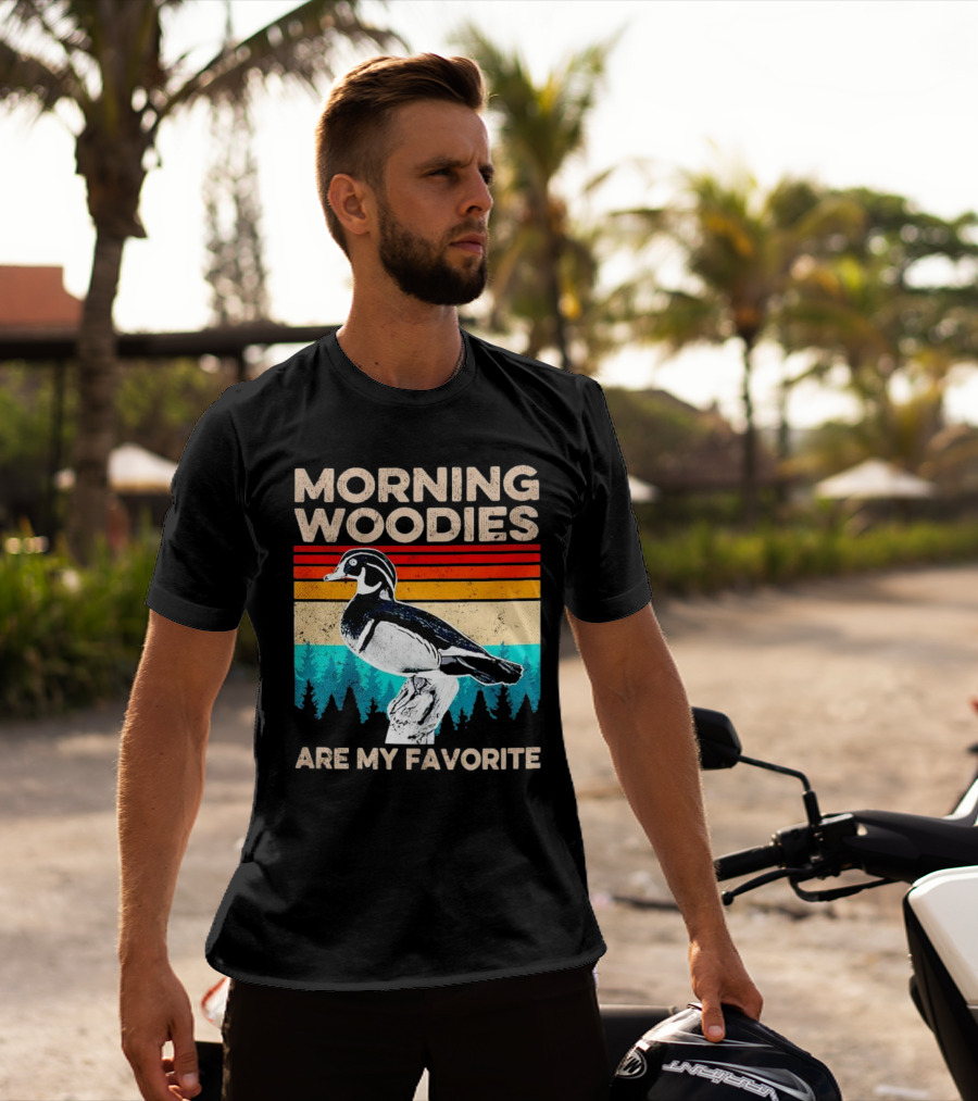 Morning Woodies Are My Favorite Vintage Duck Silhouette Retro Stripes Forest Pines T-Shirt