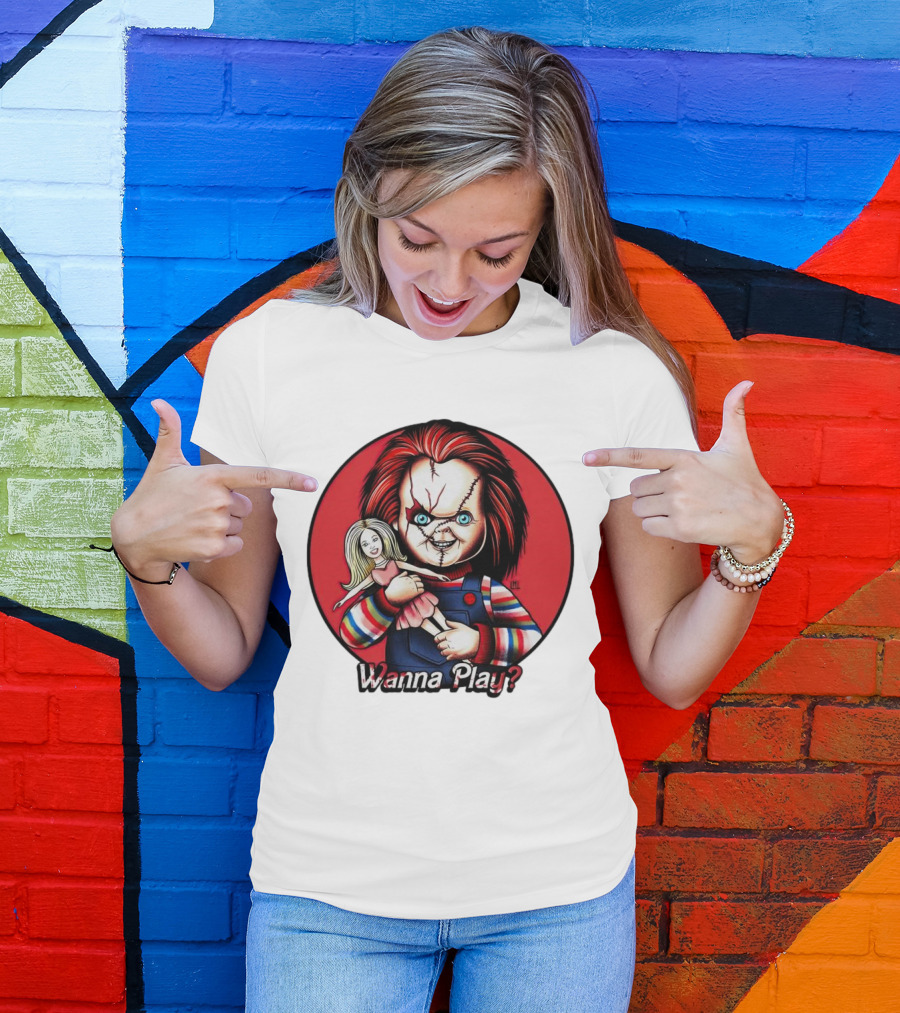 Chucky Holding Doll With Wanna Play? Text In Red Circle T-Shirt