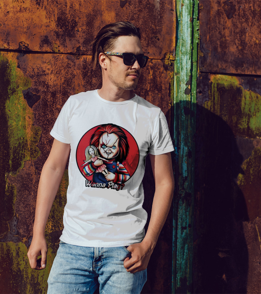 Chucky Holding Doll With Wanna Play? Text In Red Circle T-Shirt
