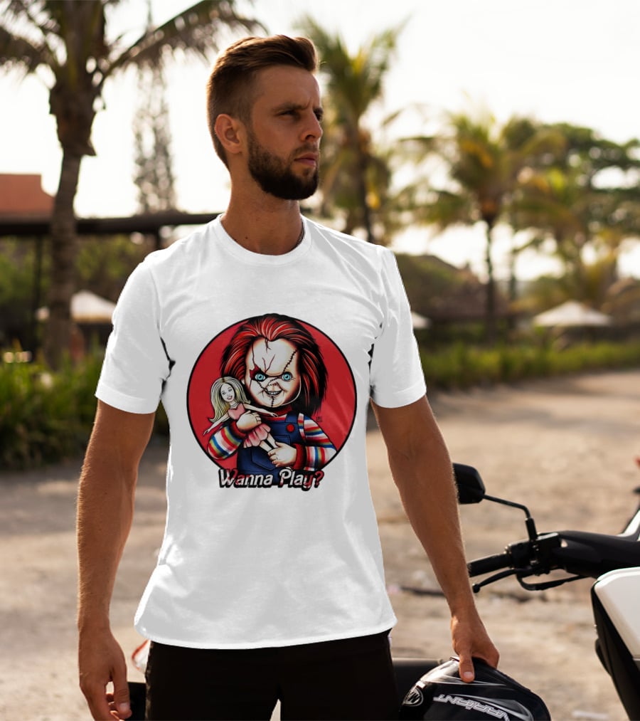 Chucky Holding Doll With Wanna Play? Text In Red Circle T-Shirt