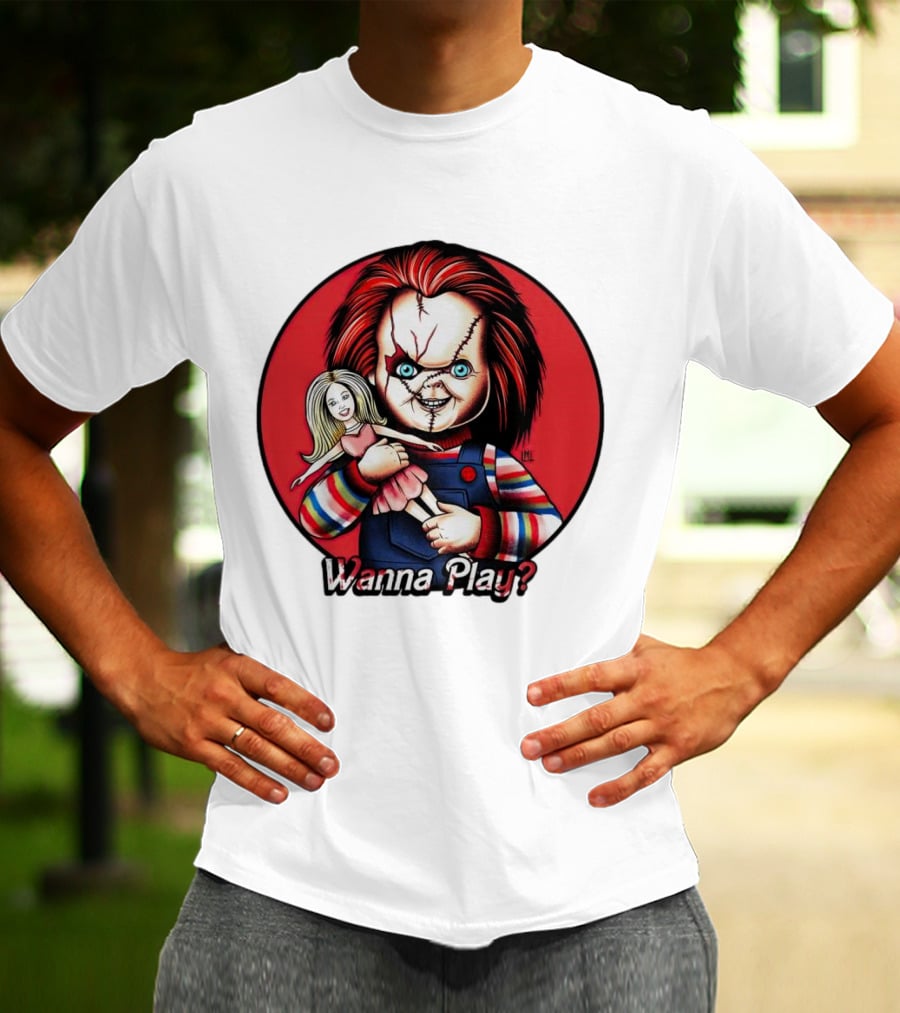 Chucky Holding Doll With Wanna Play? Text In Red Circle T-Shirt