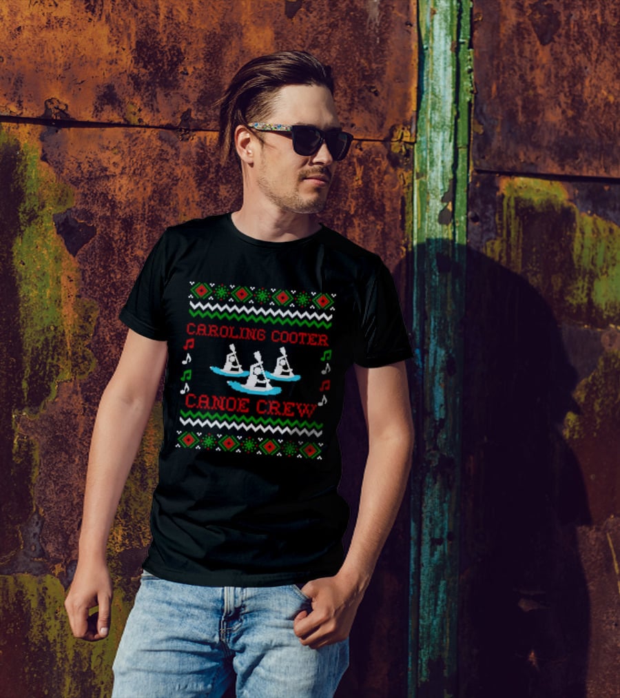 Caroling Cooter Canoe Crew Festive Holiday Pattern With Music Notes And Canoe T-Shirt