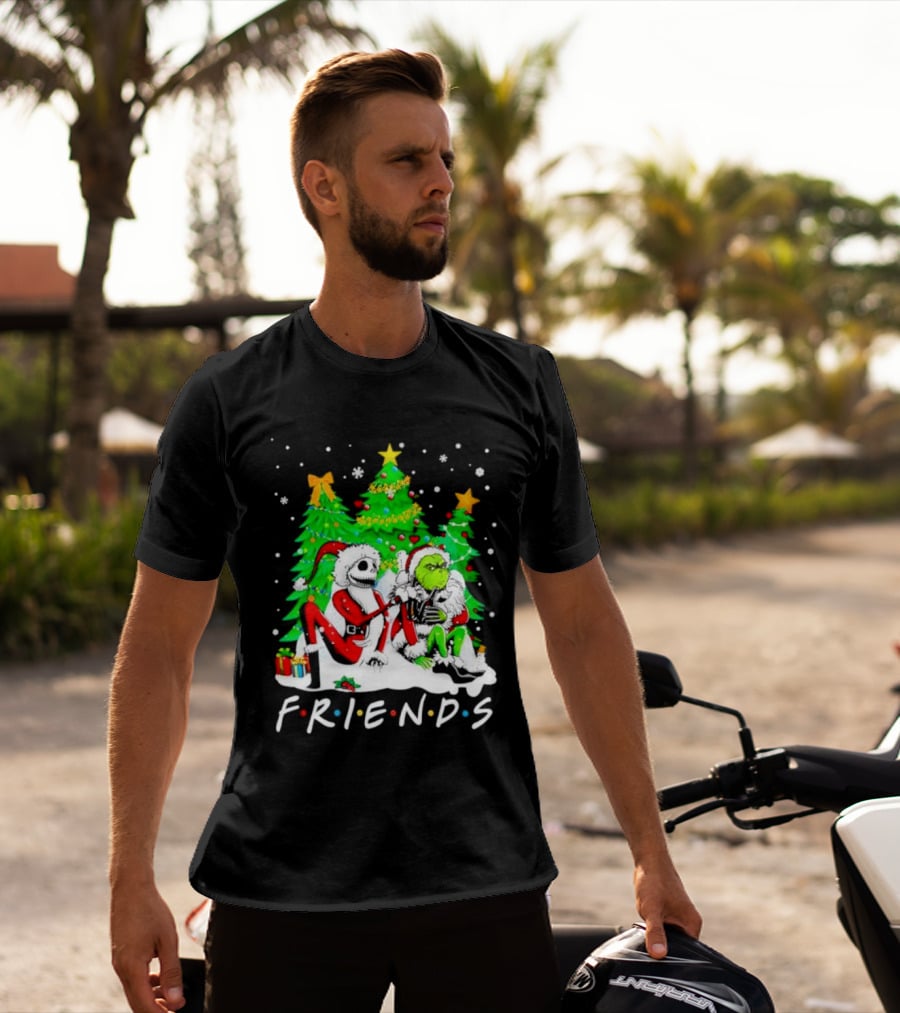 Friends Jack Skellington And Grinch Christmas Scene With Santa Outfits And Christmas Trees T-Shirt
