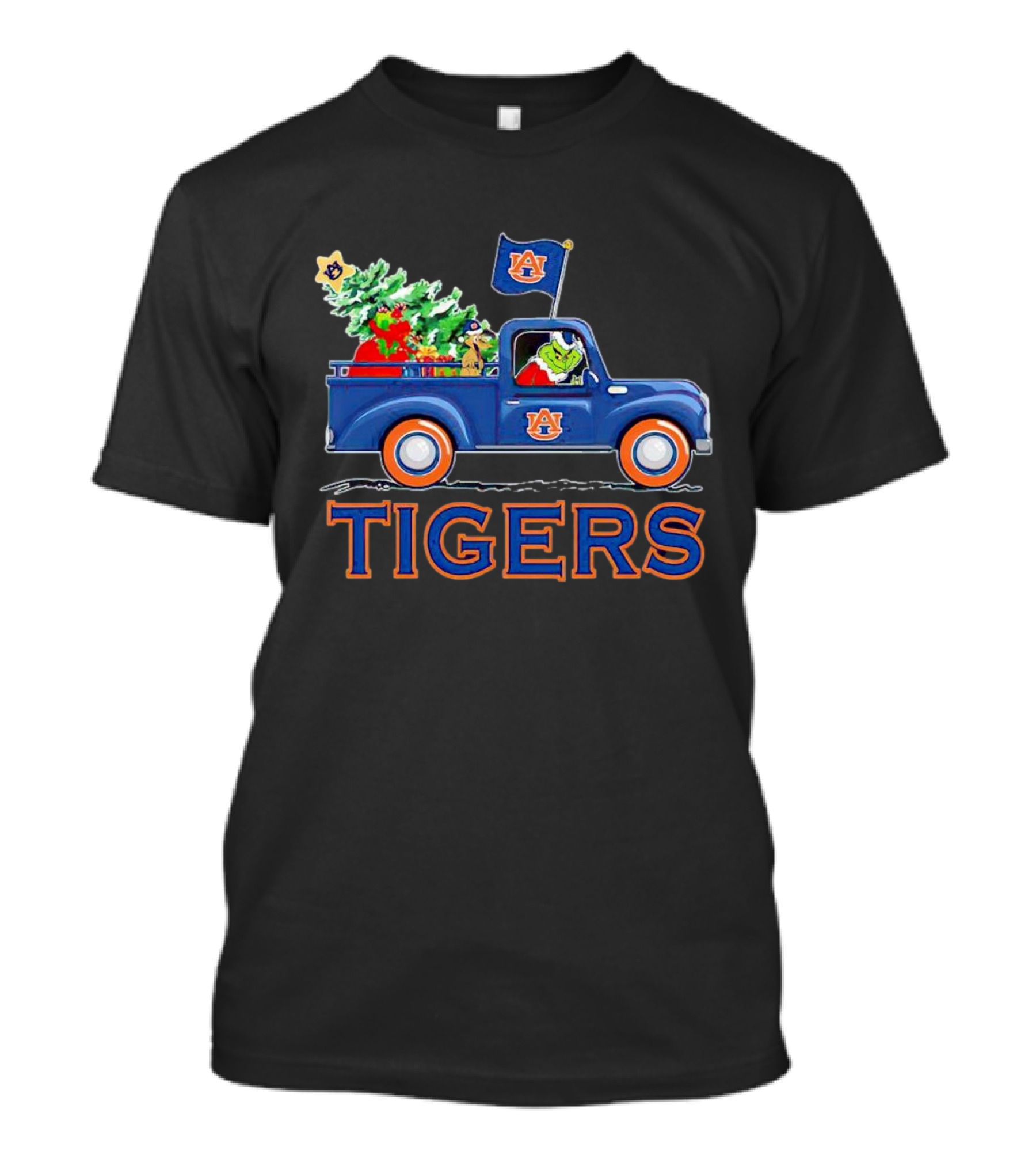 Grinch Driving Auburn Christmas Truck With Tigers Flag T-Shirt