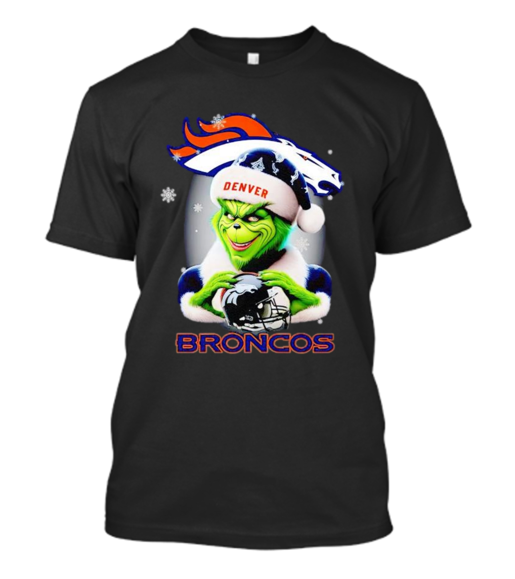 Denver Broncos Christmas Grinch Holding Football Helmet T-Shirt