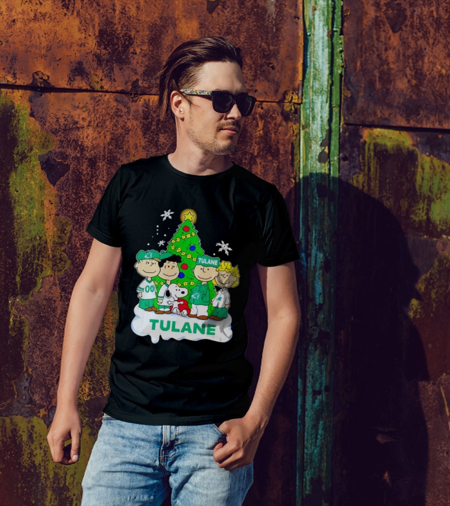 Peanuts Characters Tulane Green Wave Christmas Tree Snoopy Snowflakes T-Shirt