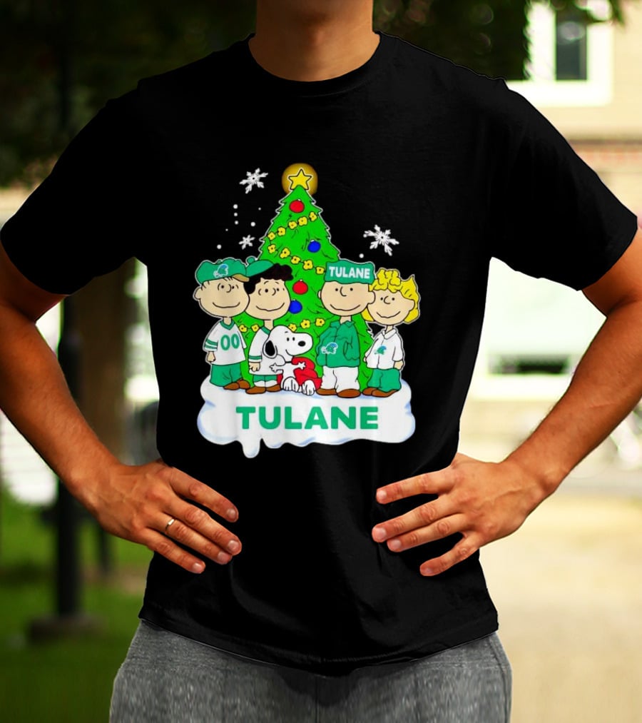 Peanuts Characters Tulane Green Wave Christmas Tree Snoopy Snowflakes T-Shirt