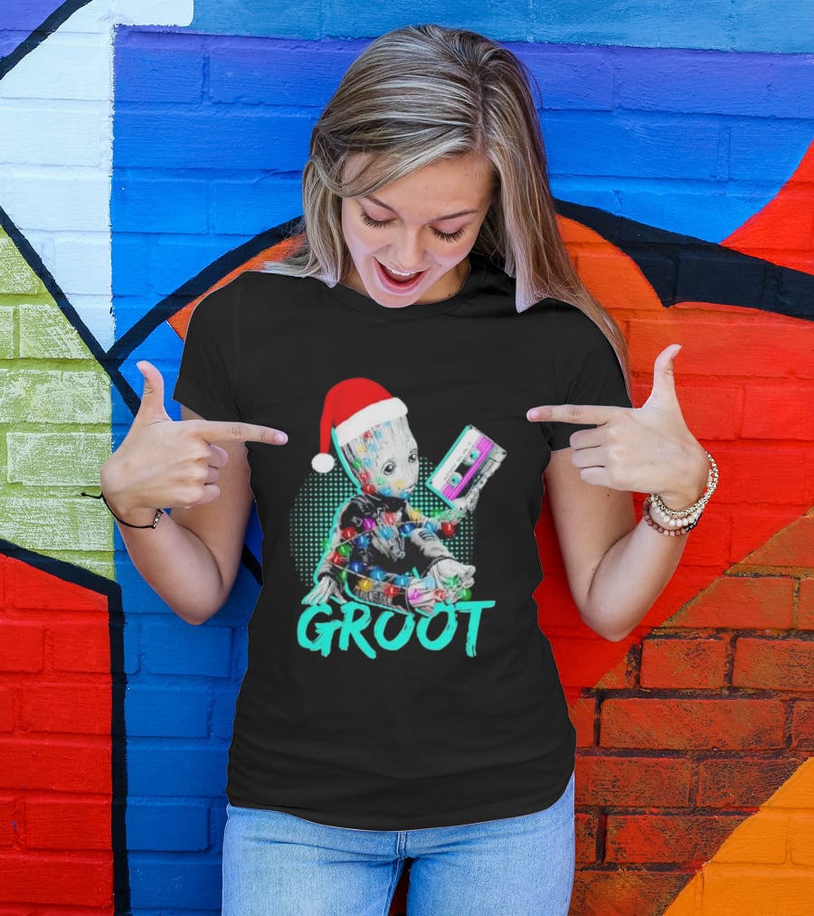 Santa Baby Groot With Cassette Tape And Holiday Lights T-Shirt