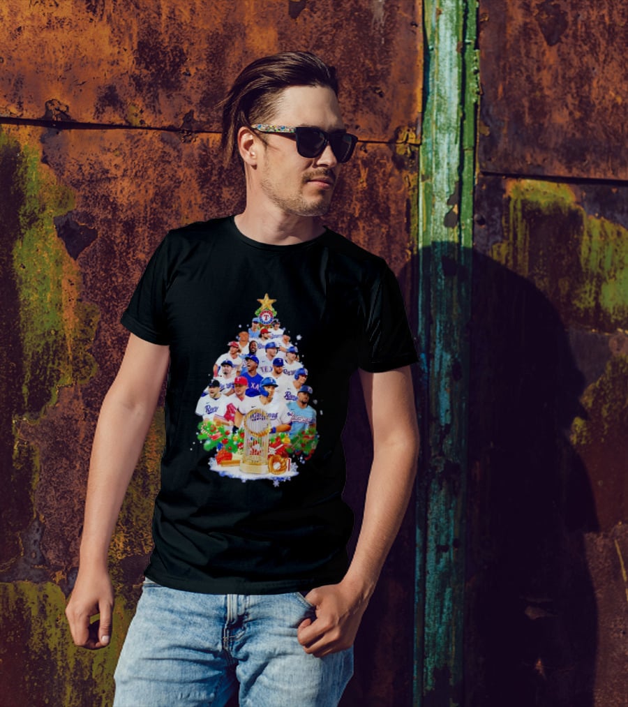 Texas Rangers Players Christmas Tree With Trophy And Ornaments T-Shirt