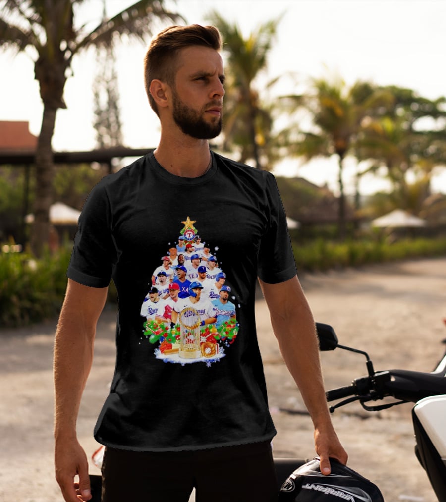 Texas Rangers Players Christmas Tree With Trophy And Ornaments T-Shirt