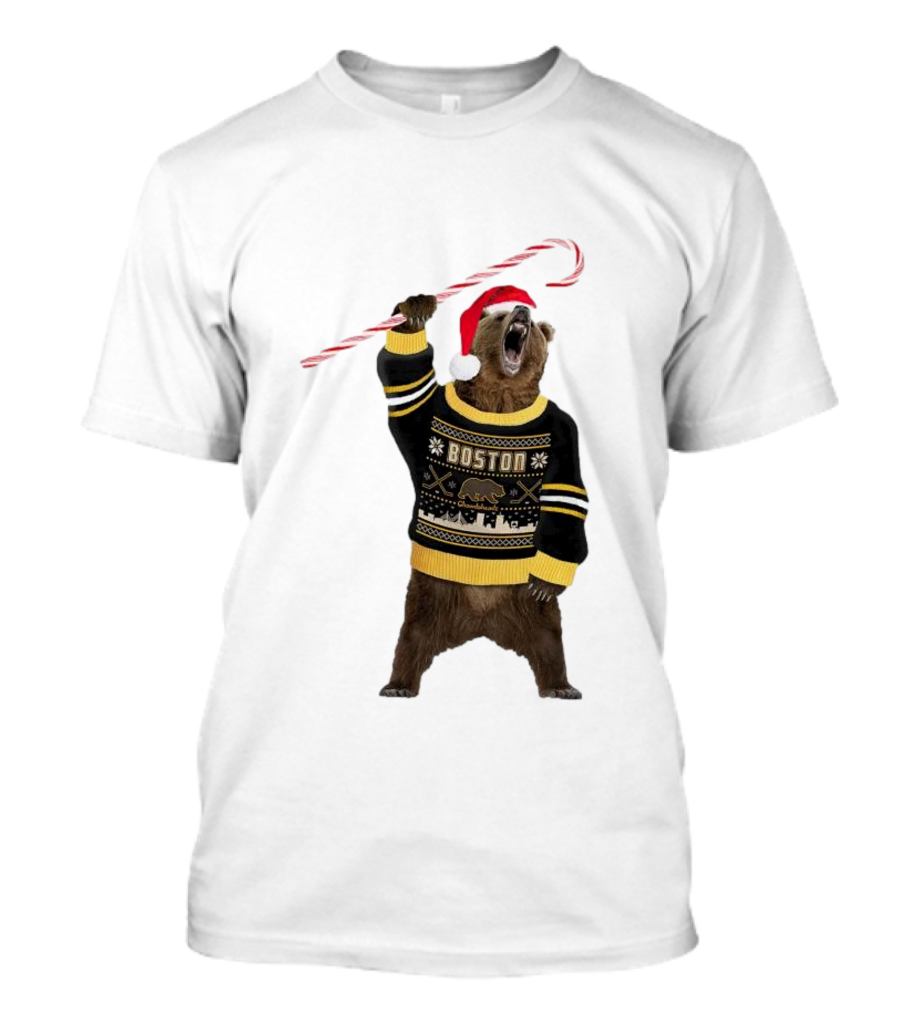Boston Bear Christmas Holiday Sweater Santa Hat Candy Cane T-Shirt