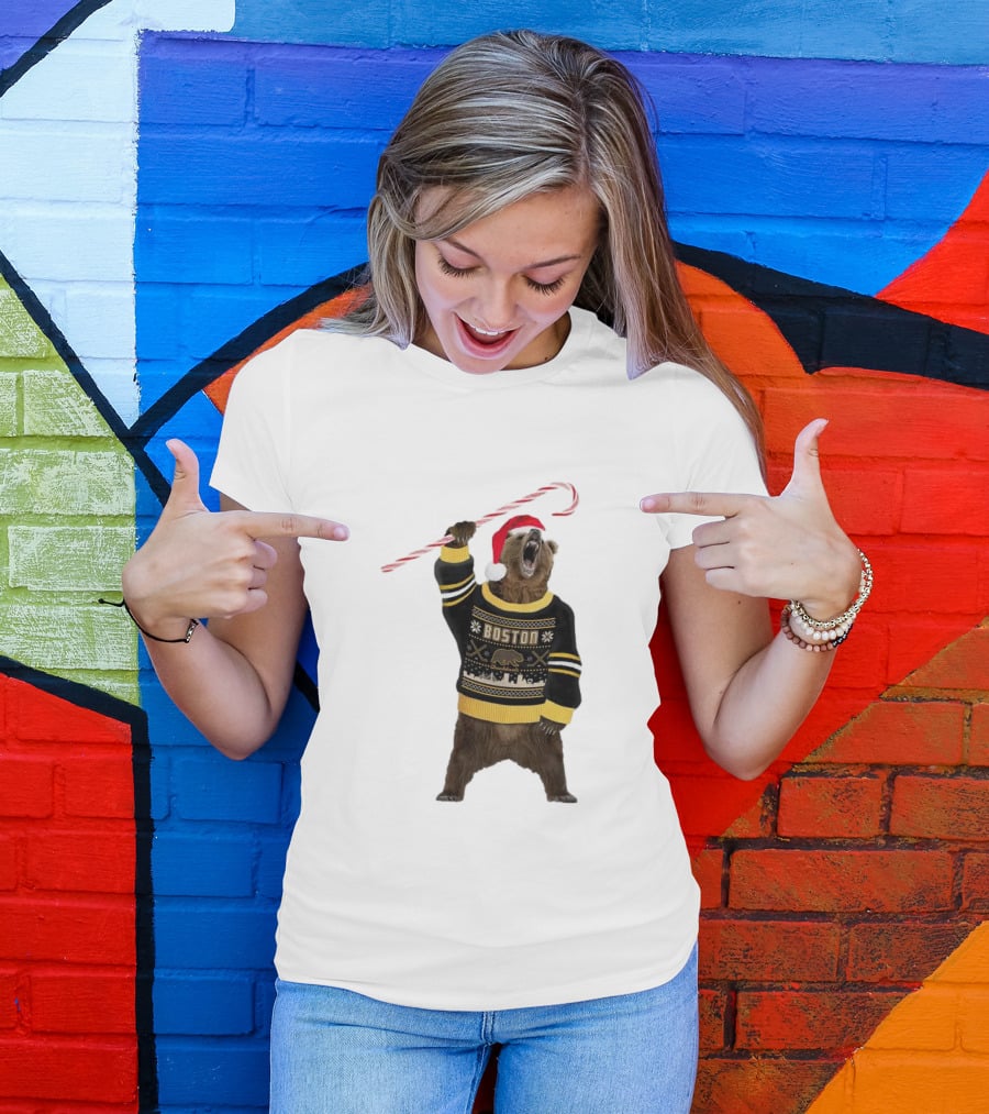 Boston Bear Christmas Holiday Sweater Santa Hat Candy Cane T-Shirt