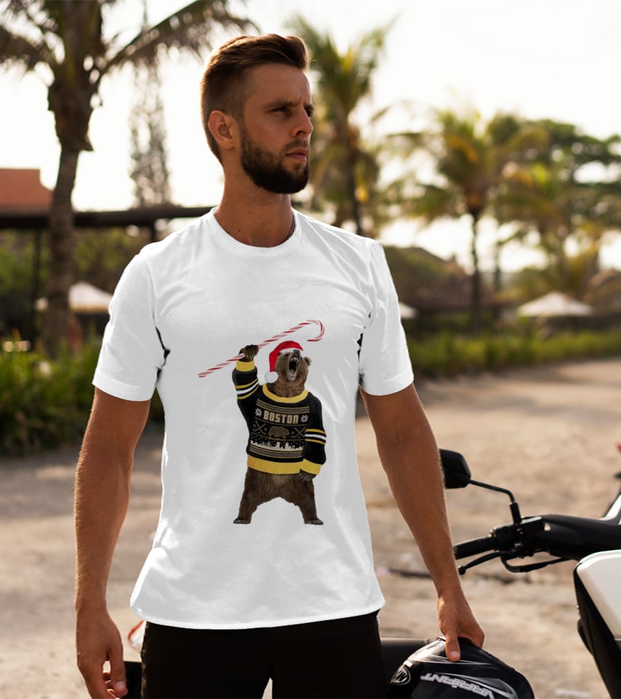 Boston Bear Christmas Holiday Sweater Santa Hat Candy Cane T-Shirt