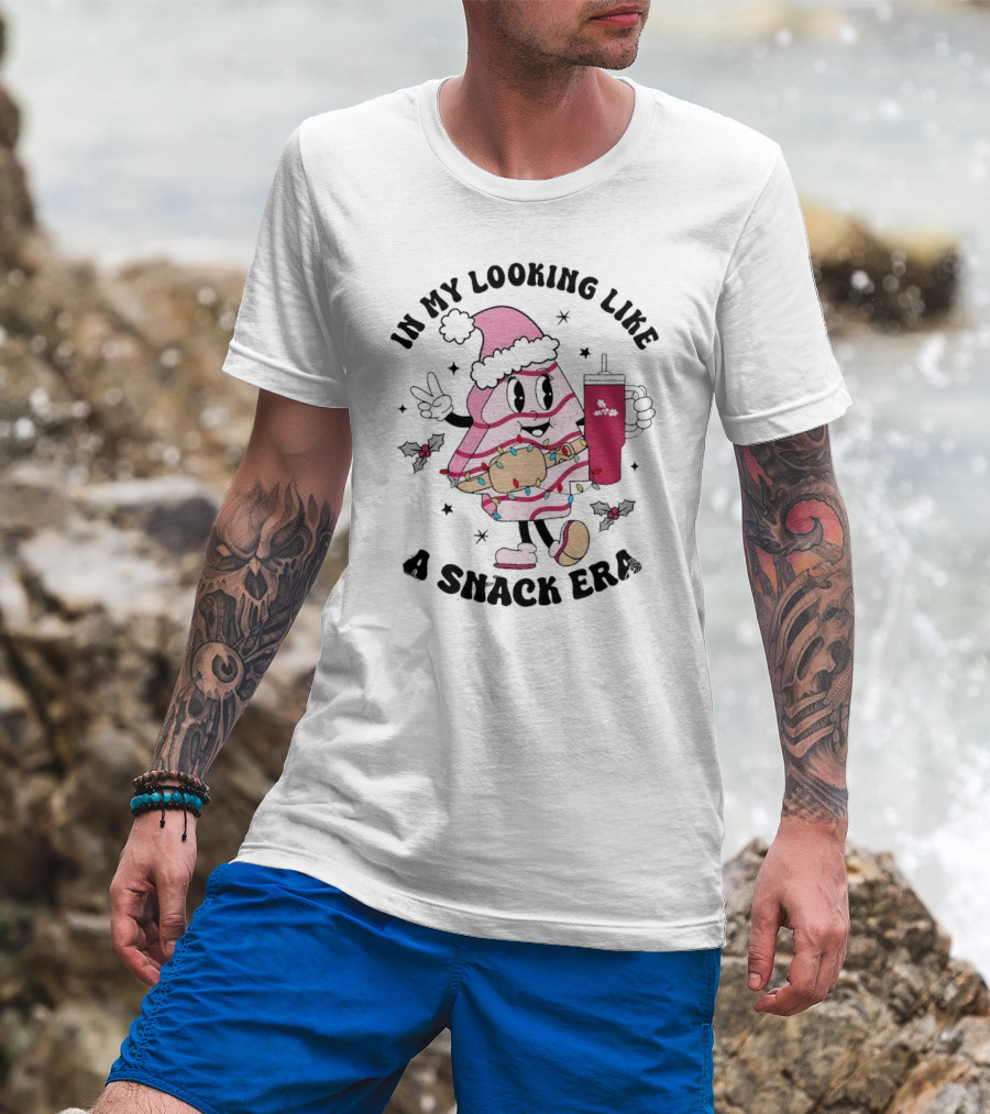 In My Looking Like A Snack Era Christmas Tree Cake Festive Icon With Holiday Drum And Drink Cup T-Shirt