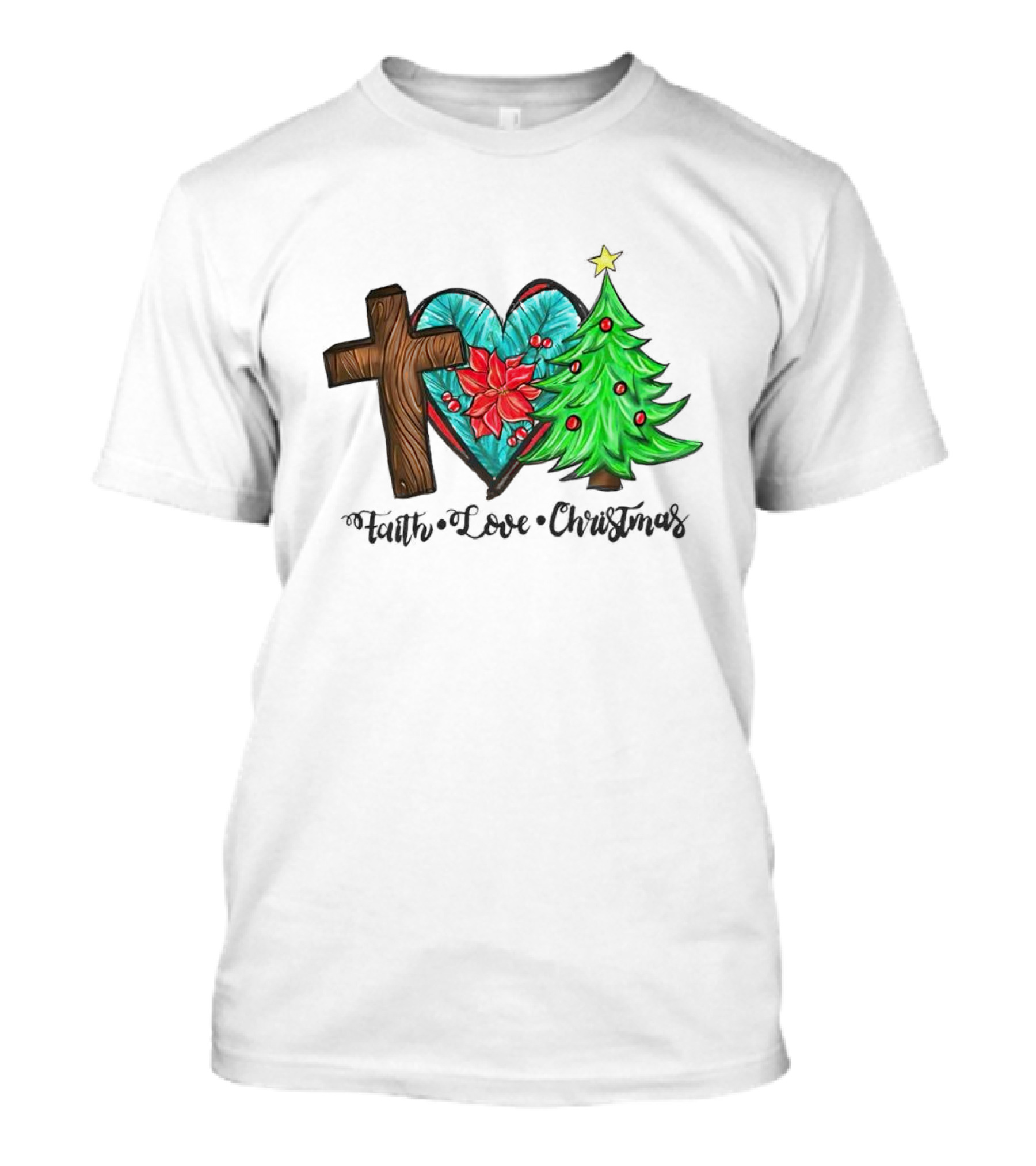 Faith Love Christmas Cross Poinsettia Tree T-Shirt
