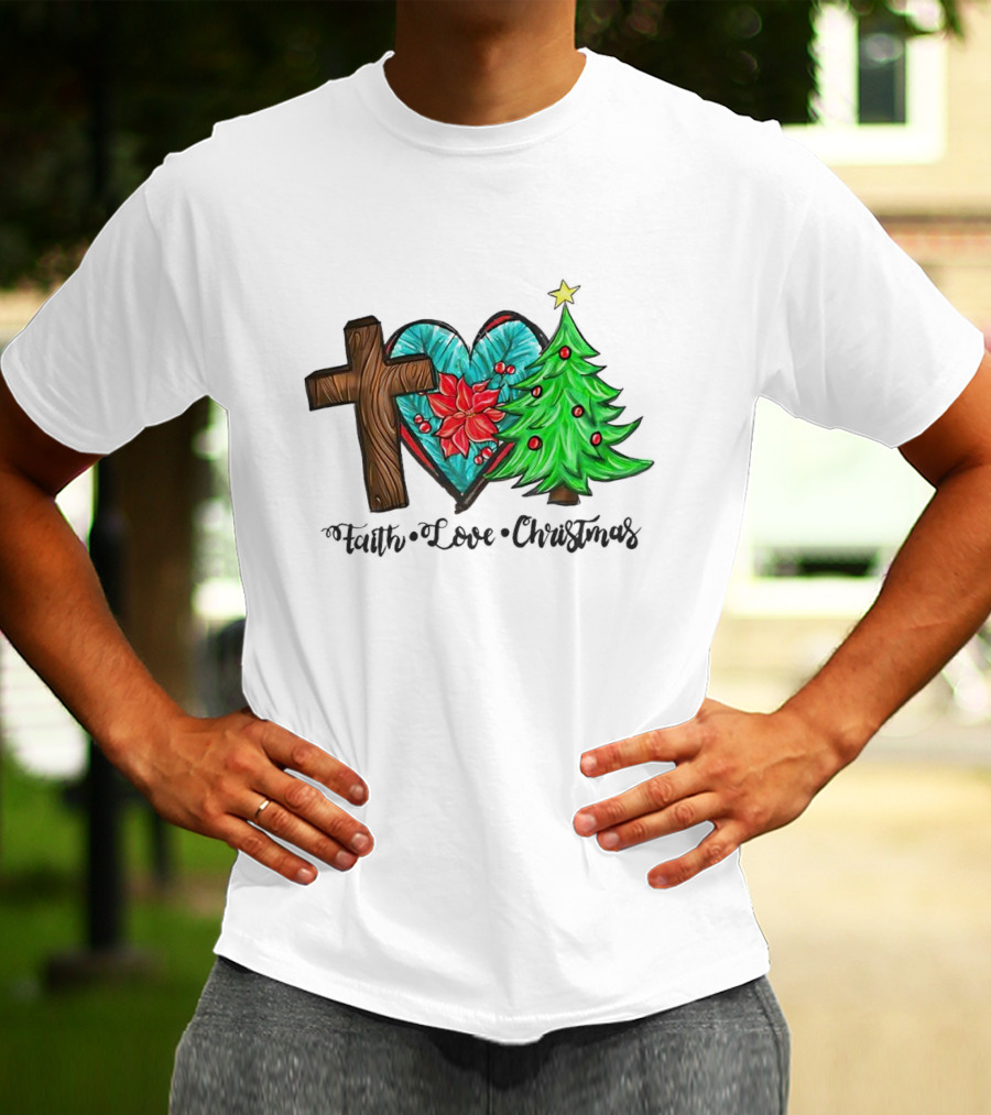 Faith Love Christmas Cross Poinsettia Tree T-Shirt