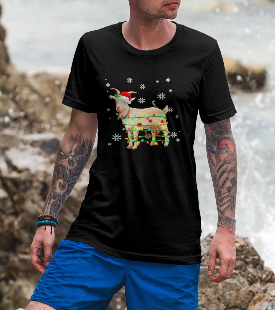 Goat Wrapped In Christmas Lights With Santa Hat And Snowflakes T-Shirt