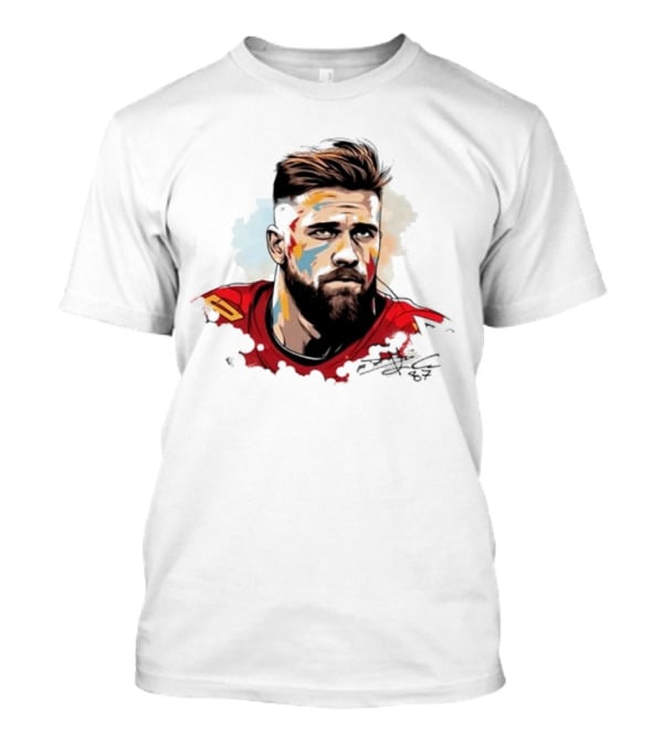 Travis Kelce Signed Portrait Artwork In Red Jersey T-Shirt