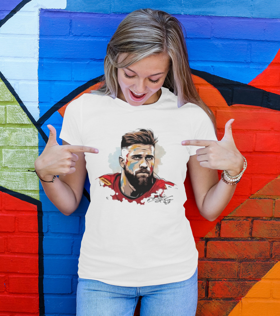 Travis Kelce Signed Portrait Artwork In Red Jersey T-Shirt