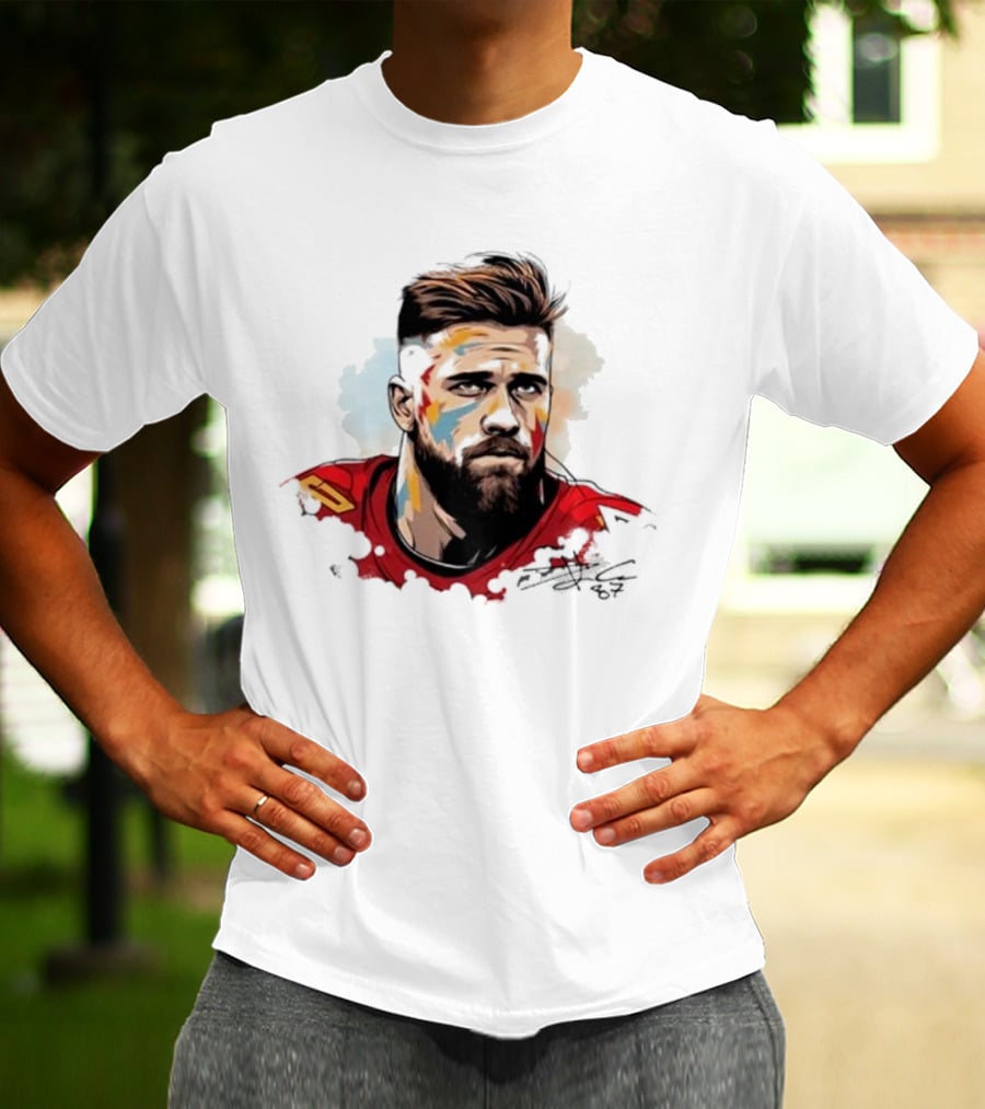 Travis Kelce Signed Portrait Artwork In Red Jersey T-Shirt