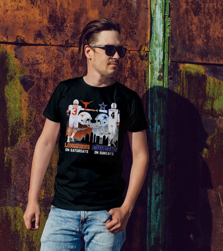 Ewers Longhorns On Saturdays Prescott Cowboys On Sundays Football Helms And Skyline T-Shirt