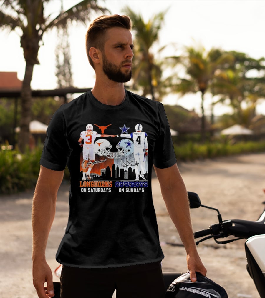 Ewers Longhorns On Saturdays Prescott Cowboys On Sundays Football Helms And Skyline T-Shirt