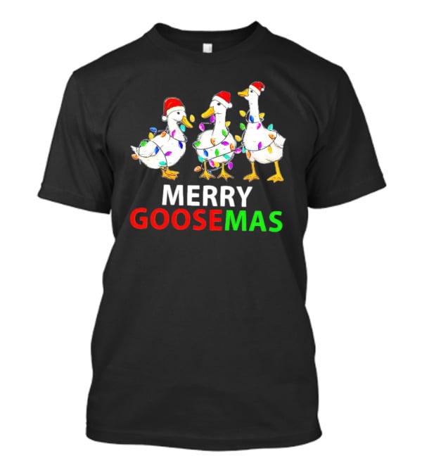 Merry Goosemas Santa Hat Geese Wrapped In Christmas Lights T-Shirt