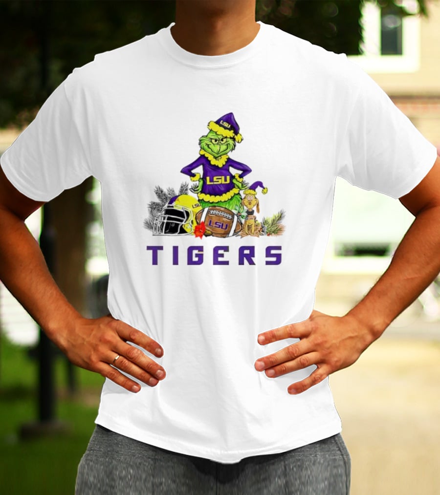 LSU Tigers Grinch And Max Dog Christmas Football T-Shirt