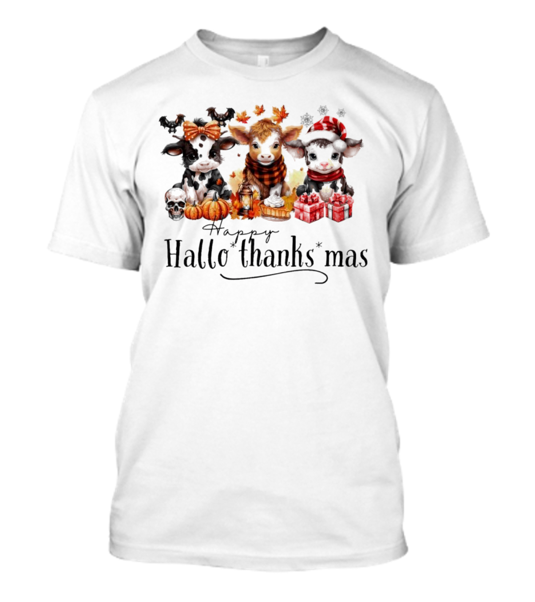 Happy HalloThanksMas Baby Cows With Pumpkins And Gifts T-Shirt