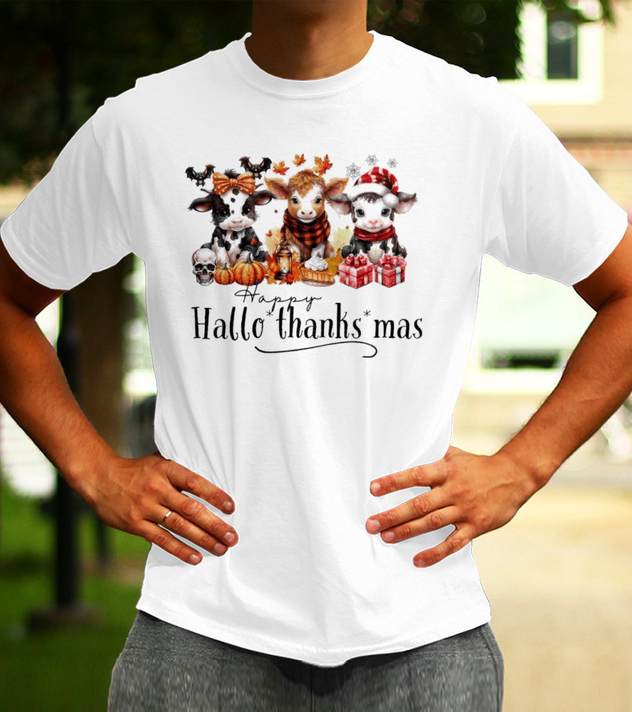 Happy HalloThanksMas Baby Cows With Pumpkins And Gifts T-Shirt