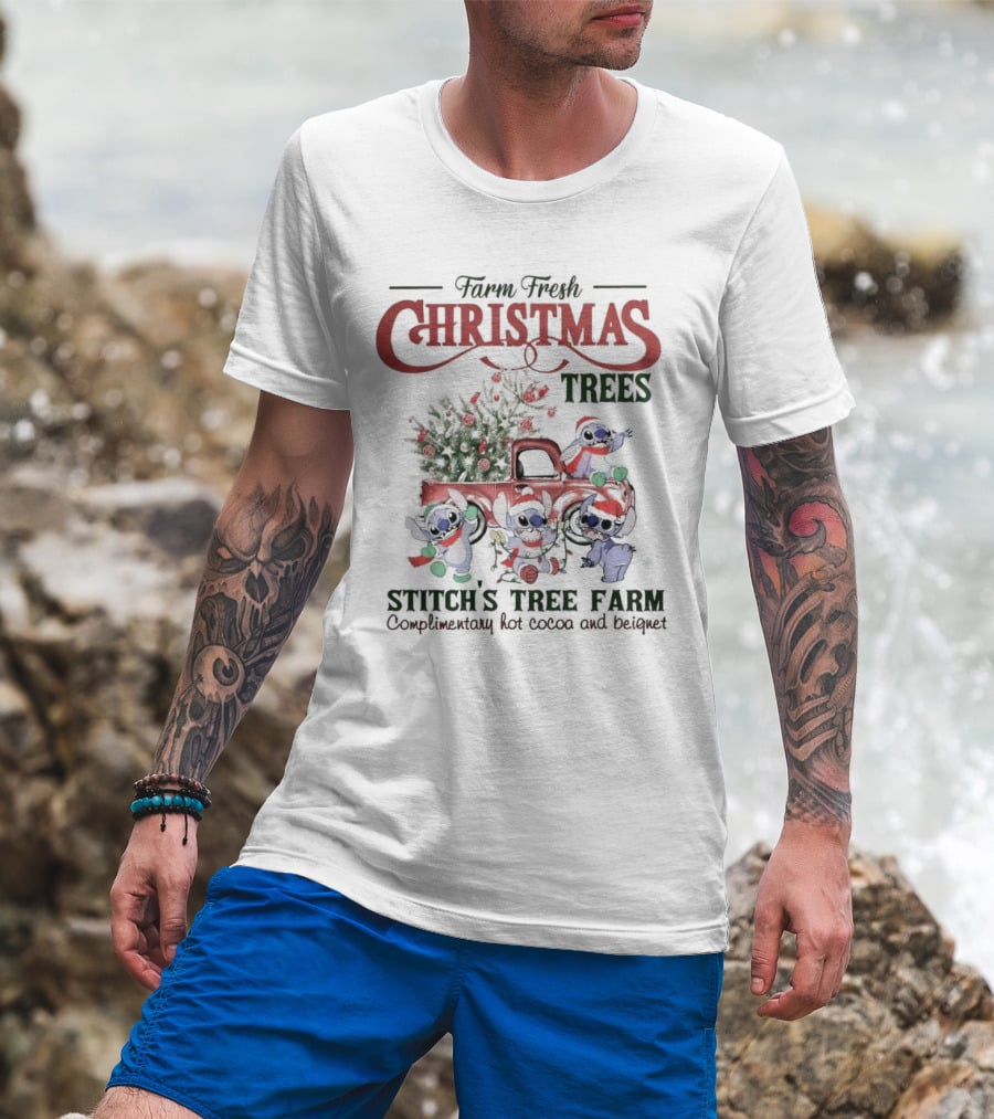 Farm Fresh Christmas Trees Stitch’s Tree Farm Complimentary Hot Cocoa And Beignet T-Shirt